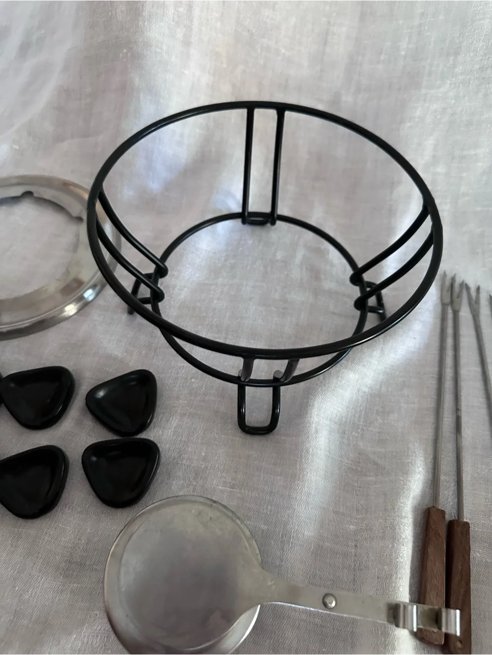 Stainless Steel Fondue Pot Set with Black Stand and Wood-Handled Forks